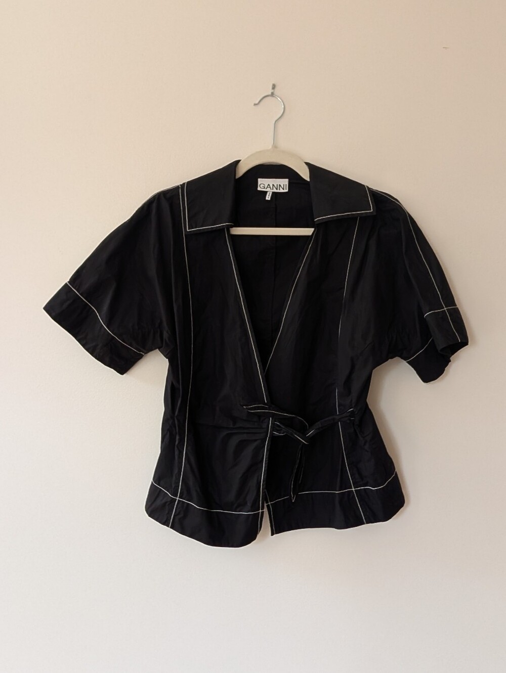 GANNI Black Short-Sleeve Wrap Top with Contrast Stitching